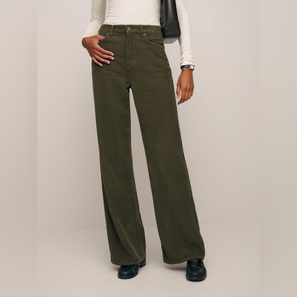 Reformation Cary Olive Green High Rise Wide-Leg Jeans